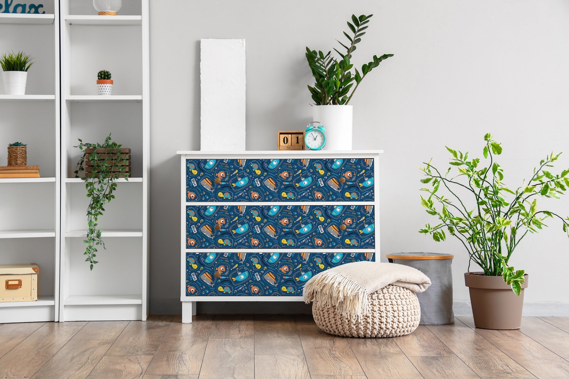 Monde sous-marin placage de meuble, feuilles adhésives texturées, revêtement de meuble pour enfant, décalcomanies pour meubles multicolores, autocolla