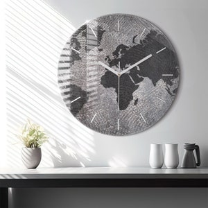 Reloj de pared de hormigón con mapa del mundo, reloj minimalista gris, reloj de pared con mapa, reloj de pared personalizado, números o líneas