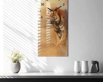 Tiger hunting Hanging Clock, Orange Glass Clock, Animal Printed Clock, Custom Wall Clock, Numbers or Lines Collection