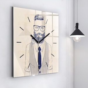 A man with a beard Glass Clock, Beige Modern Wall Clock, People Minimalistic Clock, Custom Wall Clock, Numbers or Lines Collection