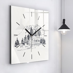 Drawing town Glass Clock, White Printed Clock, Abstract Modern Wall Clock, Custom Wall Clock, Numbers or Lines Collection