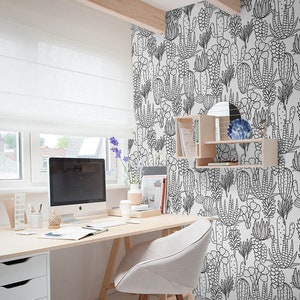 Charming Wallpaper, Handdrawn Cactus Reusable Wallpaper, Black  Wall Decor, White  Botanical Wall Covering #56FW Removable Decal