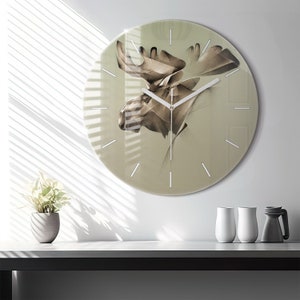 Graphic elk Glass Clock, Brown Modern Wall Clock, Art Minimalistic Clock, Personalised Clock, Numbers or Lines Collection