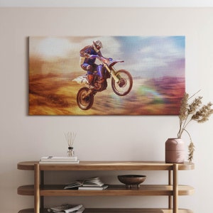 Motorcyclist in the desert Canvas, Picture Wall Hanging, Orange Wall Decor, Vehicle Canvas Print