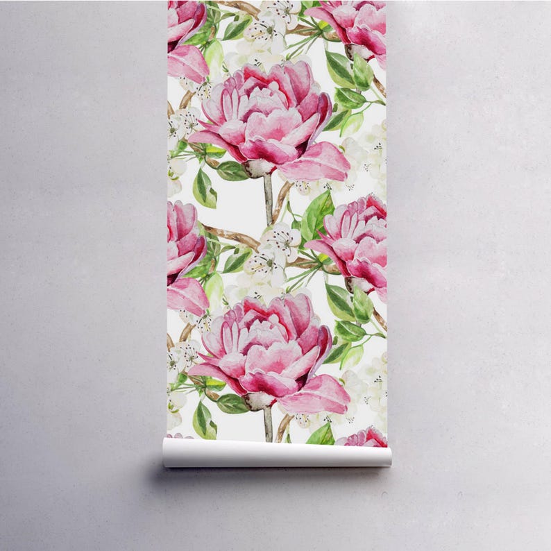 Charming Wallpaper, Pink Watercolor Peonies Reusable Wallpaper ...