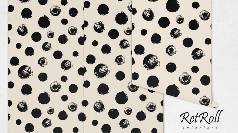 Black Painted Dots removable wallpaper, black and beige, repositionable, abstract, decorative, wall art, hand drawn, retro wallpaper 108 image 3