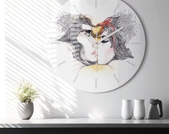 Love drawing kiss Glass Clock, Orange Printed Clock, Abstract Modern Wall Clock, Personalised Clock, Numbers or Lines