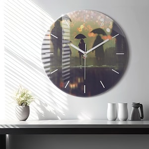 People with umbrellas Glass Clock, Black Hanging Clock, People Printed Clock, Personalised Clock, Numbers or Lines Collection