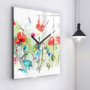 Flowers in the meadow Glass Clock, Multicolour Printed Clock, Art Modern Wall Clock, Custom Wall Clock, Numbers or Lines Collection