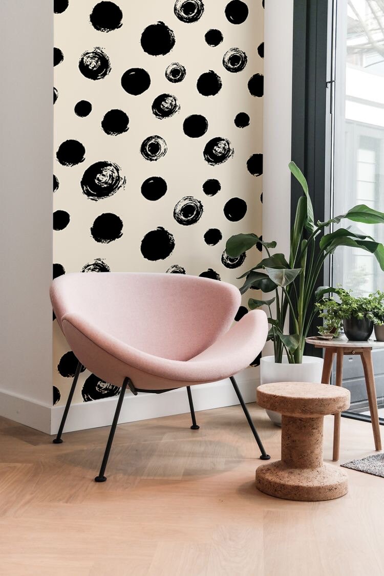 Black Painted Dots Removable Wallpaper Black and Beige Etsy