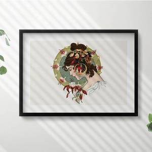 Portrait Of A Beautiful Woman Illustration in Frame , People Print in Frame, Creamy Wall Art, Home Decorations