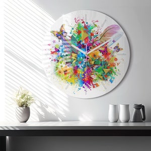 Flower harmony with butterflies Glass Clock, Green Minimalistic Clock, Art Wall Clock, Personalised Clock, Numbers or Lines Collection