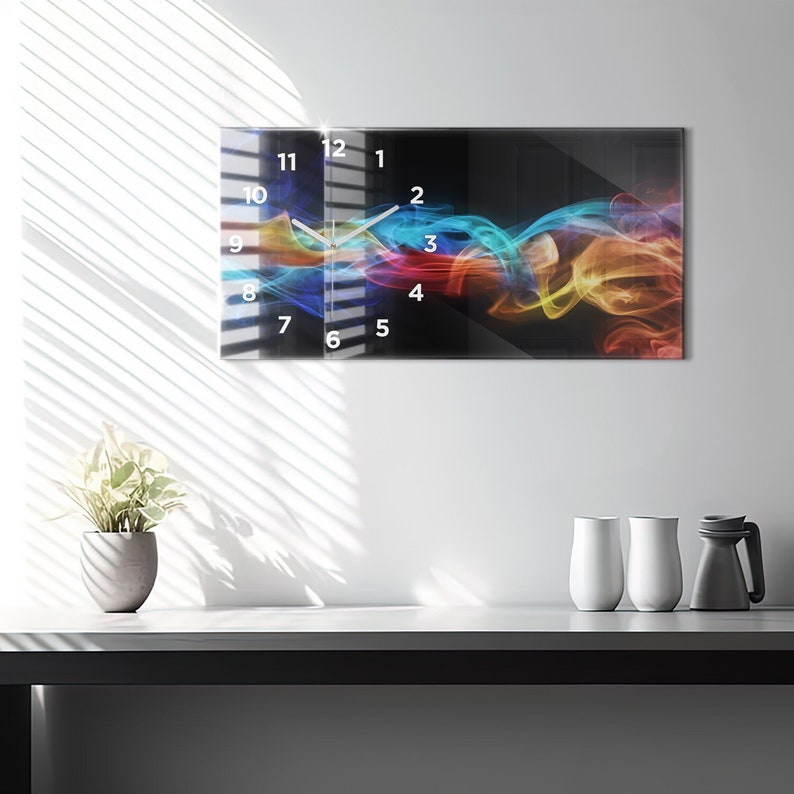 Horloge murale abstraite lignes colorées, horloge en verre multicolore, horloge imprimée abstraite, horloge personnalisée, collection chiffres ou lignes image 4