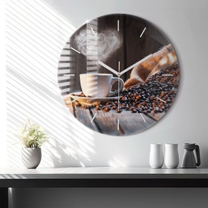 Cup of coffee Glass Clock, Brown Printed Clock, Food Modern Wall Clock, Custom Wall Clock, Numbers or Lines Collection