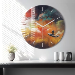 Abstract picture Glass Clock, Orange Modern Wall Clock, Abstract Minimalistic Clock, Personalised Clock, Numbers or Lines