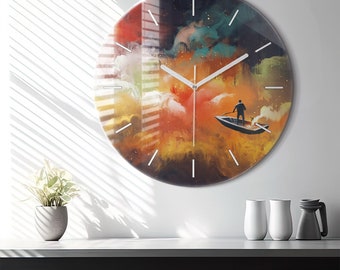 Abstract picture Glass Clock, Orange Modern Wall Clock, Abstract Minimalistic Clock, Personalised Clock, Numbers or Lines