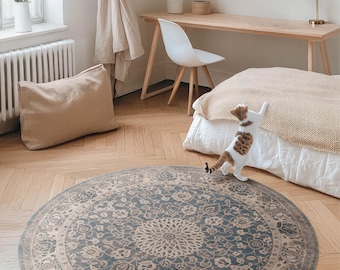 An Earthy Composition In Persian Style Round Bedroom Rug, Patterns Vinyl Carpet, Gray Waterproof Rug, Vinyl Rug, Pet Friendly Rug