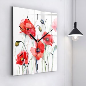 May include: Square glass clock with black hands and a white background featuring a watercolor painting of red poppies.