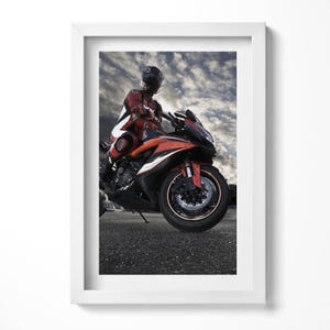 Man On A Motorbike Illustration in Frame , Vehicles Print in Frame, Gray Wall Art, Home Decorations