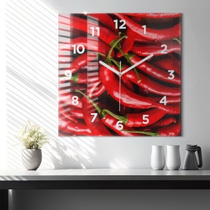 Hot peppers Glass Clock, Red Hanging Clock, Food Printed Clock, Personalised Clock, Numbers or Lines Collection