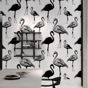 Retro flamingo - verwijderbaar behang, zwart en wit, afpellen en plakken, flamingo, zelfklevend, muurdecoratie, dieren in het wild, klassieke stijl #26