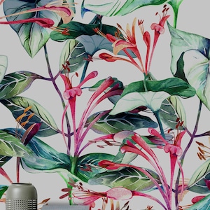 Charming Wallpaper, Lonicera Flower  Wallpaper, Pink Temporary wallpaper, Green Removable Wall Decor, Exotic Flowers Home Decoration #22FW