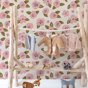 Charming Wallpaper, Cute Pink Flowers  Green Repositionable Wall Mural, Floral  Home Decoration #145FW Removable Decal