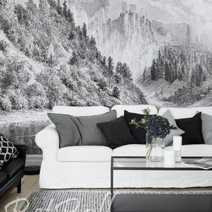 Hand Drawn Mountains - removable wallpaper, wall covering, self adhesive, repositionable, landscape, hills, highlands, forest, wildland #58