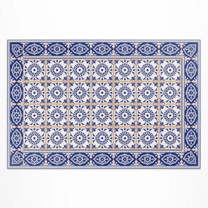 Greek Tiles Decorative Mosaic Porch Rug, Faux Tiles Outside Carpet, Blue Vinyl Rug, Poolside Rug, Outdoor Vinyl Mat, Waterproof Rug