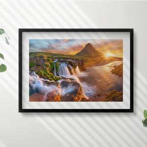 Nature Landscape At Sunset Illustration in Frame , Landscape Print in Frame, Claret Wall Art, Home Decorations