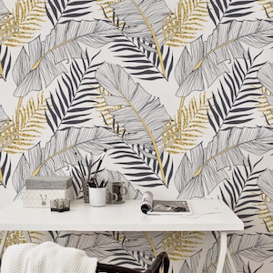 Charming Wallpaper, Tropical Gold Leaves  Palm Leaf  Wall Decor, Grey Temporary Wall Covering, Black Elegant Home Art #148FW Removable Decal