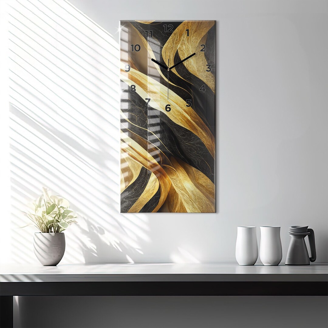 Elegant Abstraction Modern Wall Clock, Golden Glass Clock, Abstract ...