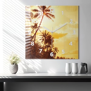 Sunny palm trees Glass Clock, Brown Hanging Clock, Nature Printed Clock, Personalised Clock, Numbers or Lines