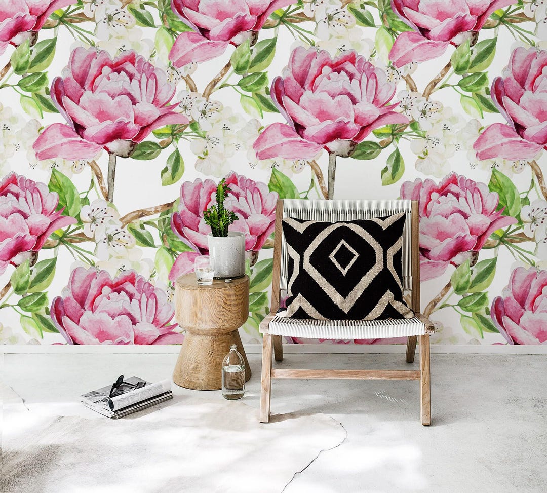 Charming Wallpaper, Pink Watercolor Peonies Reusable Wallpaper ...
