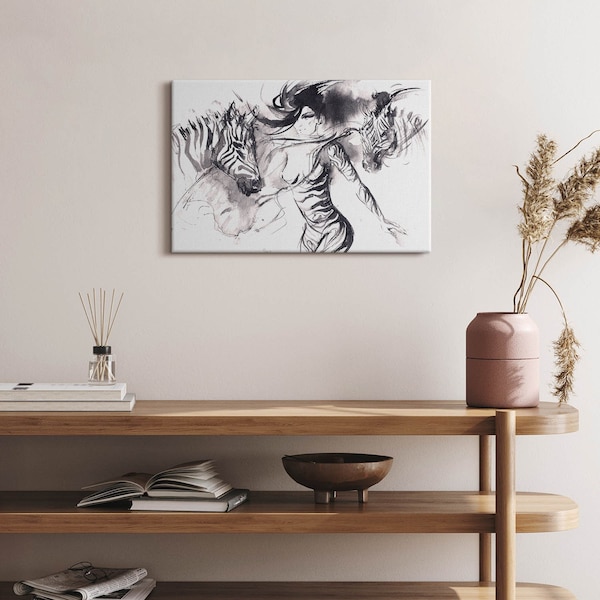 Frau unter Zebras Abstraktion Leinwand, Wandkunstbild, Schwarz-Weiß-Wanddekoration, Abstraktion Leinwandkunst