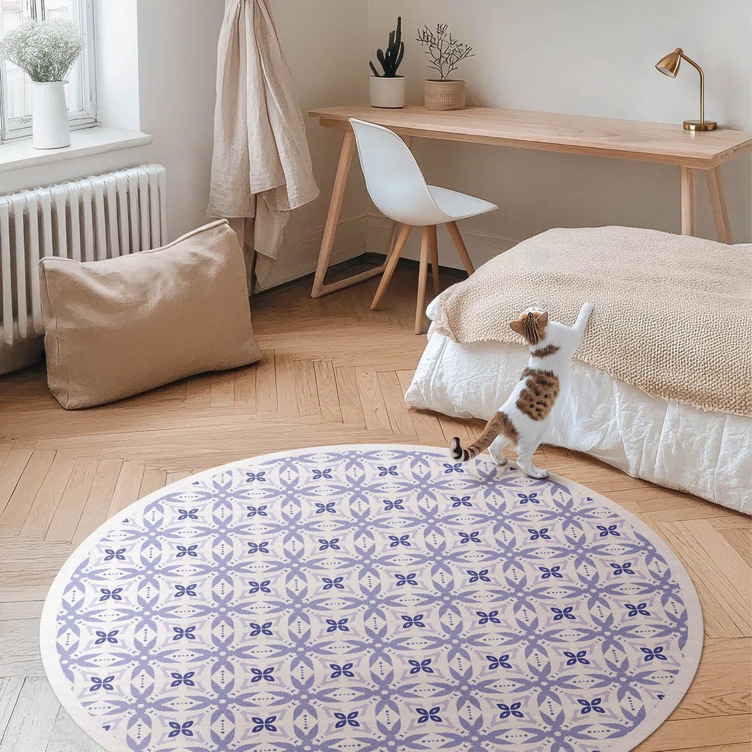 Tile Inlay Rug Round Patterned Tiles Beautiful Mosaic Round Rug for Living Room, Faux Tiles ...