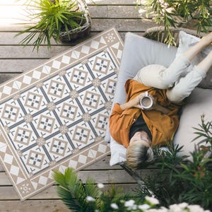 Rhombus Cubes, Elegant Tiles Porch Rug, Faux Tiles Outside Carpet, Beige Vinyl Rug, Poolside Rug, Outdoor Vinyl Mat, Waterproof Rug