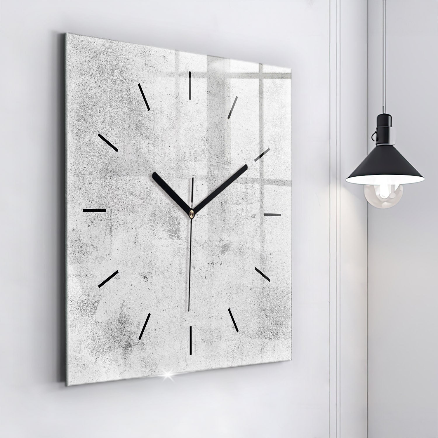 コンクリート壁ガラス時計、グレーのモダンな壁掛け時計、抽象的な