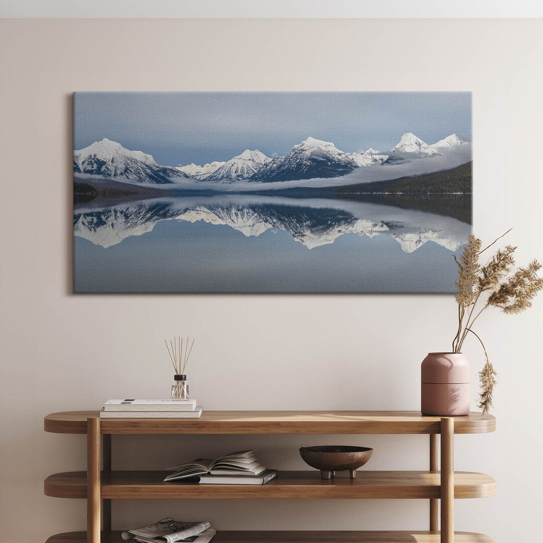 Reflection of the Mountains in the Lake Canvas, Wall Art Picture, Blue ...