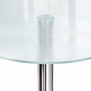 May include: A contemporary round glass table with a frosted surface. It has a single, polished chrome leg and a small, circular metal base. The glass top has a subtle, reflective quality, and the design is minimalist.