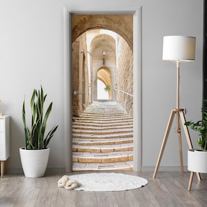 Stone Stairs Door Sticker, Carving Door Mural, Architecture Door Decals, Brown Door Mural, Bedroom Door Stickers