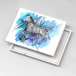Painted zebra Canvas, Picture Wall Hanging, Blue Wall Art, Animals Canvas Painting