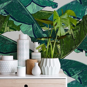 Charming Wallpaper, Banana Leaves  Green Wall Mural, Exotic And Tropical Self adhesive Wall Art, Home Decoration #63FW Removable Decal