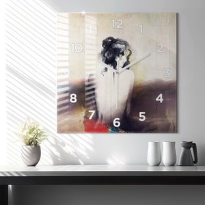 Abstraction portrait of a woman Glass Clock, Brown Minimalistic Clock, Art Wall Clock, Custom Wall Clock, Numbers or Lines Collection