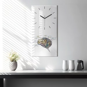May include: A white clock with black hands and a brain illustration with thought bubbles. The clock is on a white wall with a window behind it.