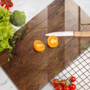 Wooden boards and leaves Chopping Board, Tempered Glass Cutting Board, Brown Kitchen Decor, Handmade Cutting Board