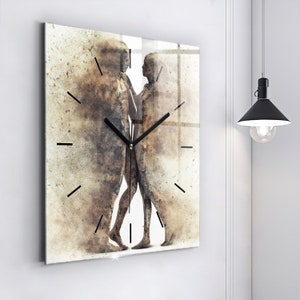 Abstraction people from sand Glass Clock, Golden Modern Wall Clock, Abstract Minimalistic Clock, Personalised Clock, Numbers or Lines
