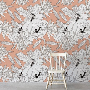 Charming Wallpaper, Peony Revolution  Floral  Wall Mural, Pink Flower Reusable Wallpaper, White Wall Covering #159FW Removable Decal