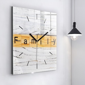 Family Text Glass Clock, Multicolour Wall Clock, Text Hanging Clock, Personalised Clock, Numbers or Lines Collection