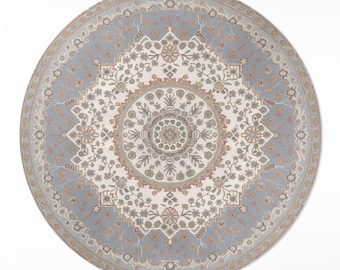 Delicate Retro Mandala Plant Ornament Round Rug For Living Room, Patterns Vinyl Floor Mat, Gray Easy To Clean Rug, Living Room Rug,